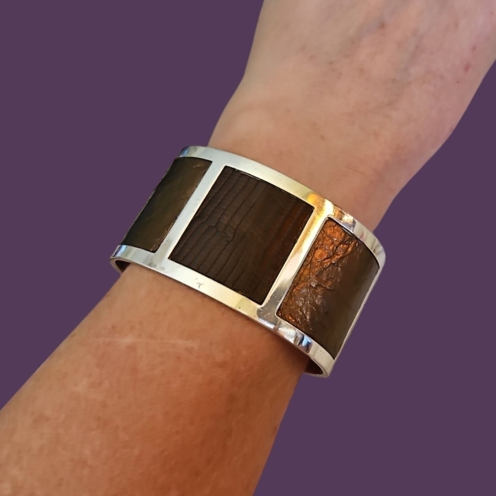 BRIGHTON Brown Atomic Snakeskin Panel Wide Nicks Cuff Bracelet